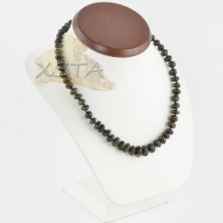 Dark green amber necklace polished baroque